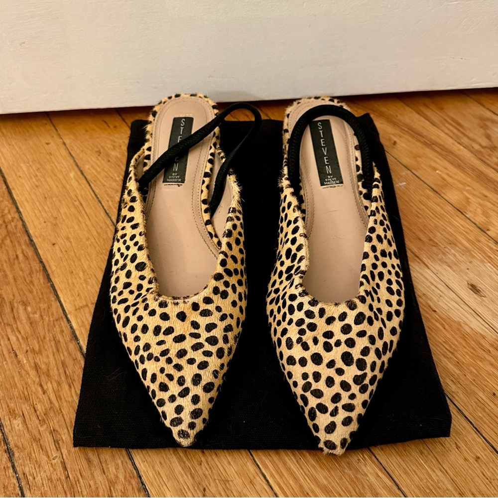 ✨ Steven by Steve Madden leopard print pointed toe calf hair slingback flats, 8M